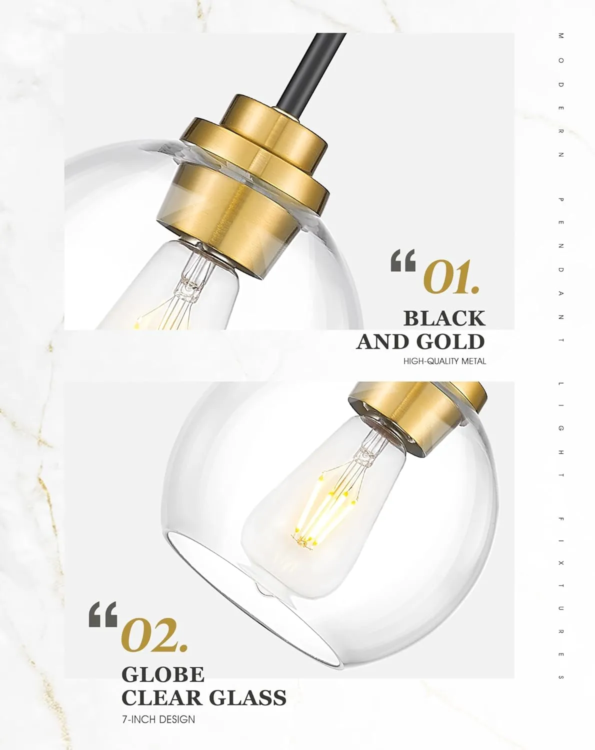Pendant Lights Kitchen Island 2 Pack, 7" Black and Gold Hanging Lights Fixtures with Clear Glass Globe Shade, Modern Kitchen Island Lighting for Bathroom, AD-22280-1P2-KG