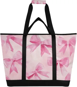 Pink Bow Reusable Insulated Lunchbox Cooler Bag, Leakproof Kitchen Grocery Bag Collapsible Portable Cooler Tote Bag for Picnic, Camping, Office, Travel