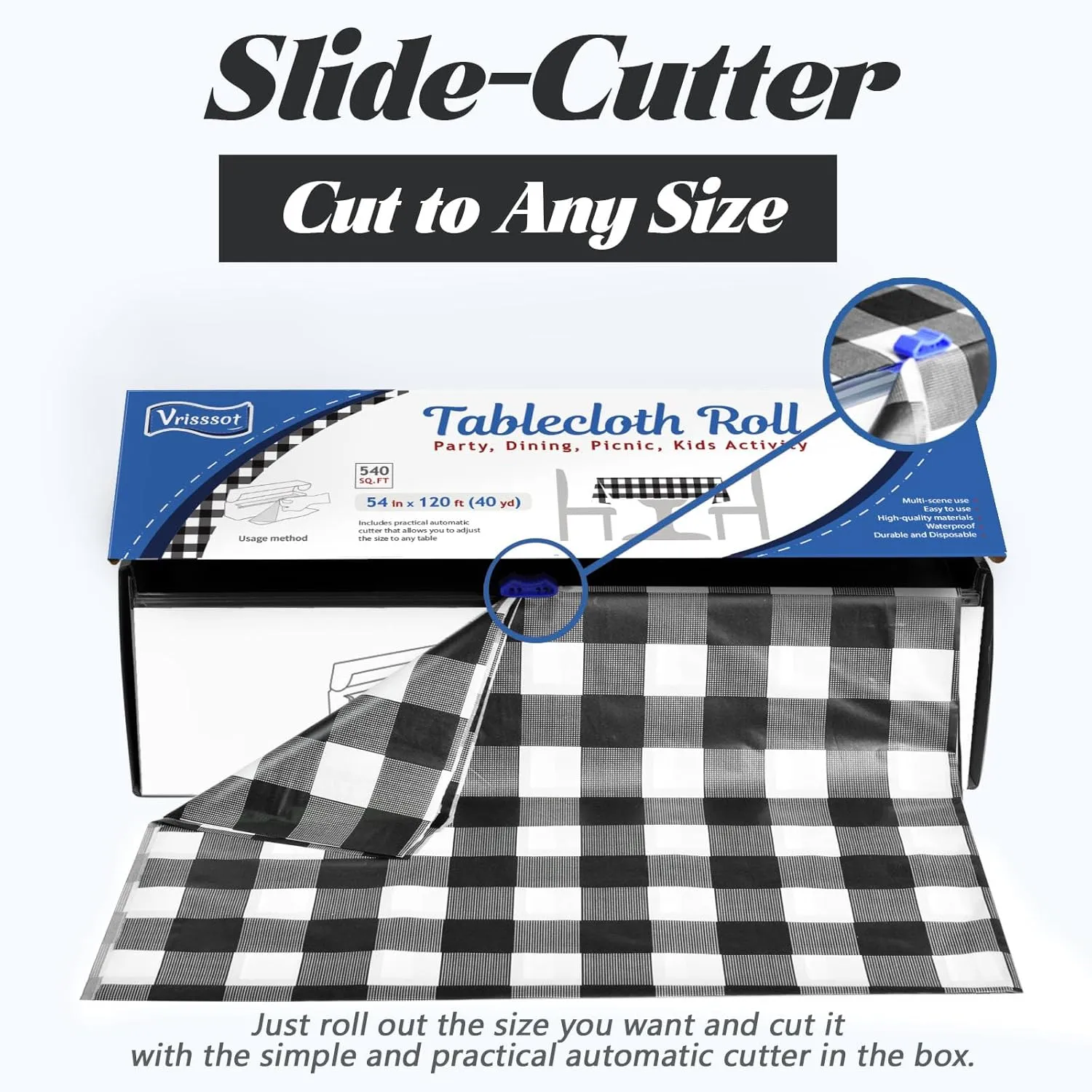 Plastic Table Cover Roll:Disposable Tablecloth 54 in X 120 ft with Easy Slide Cutter Black and White Checkered Tablecloth for Picnic, Party, Birthdays Fit Any Shape & Size Tables