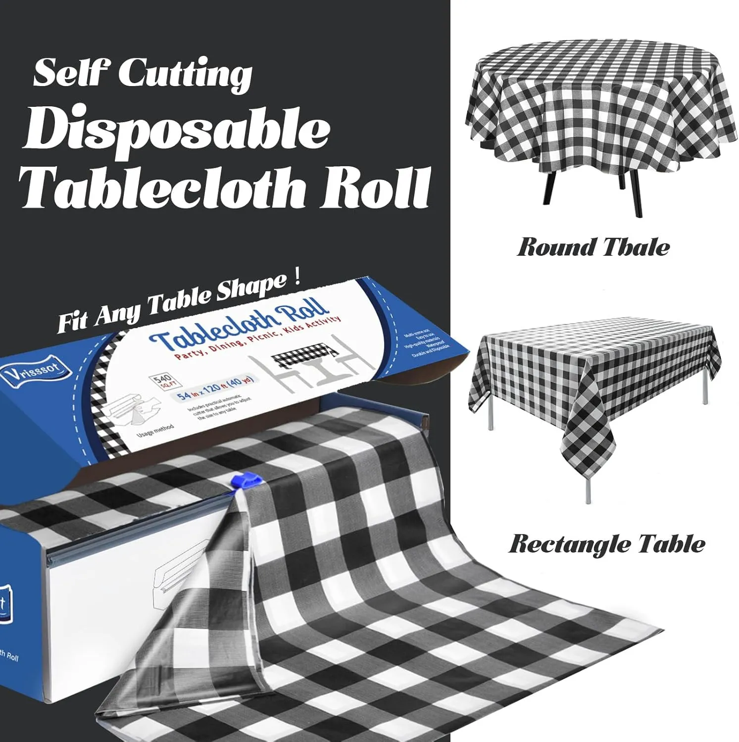 Plastic Table Cover Roll:Disposable Tablecloth 54 in X 120 ft with Easy Slide Cutter Black and White Checkered Tablecloth for Picnic, Party, Birthdays Fit Any Shape & Size Tables