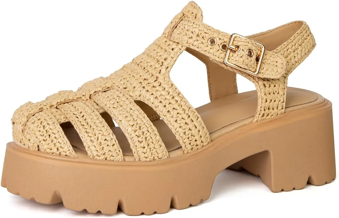 Platform Sandals for Women Handwoven Raffia Espadrille Sandals- Boho Summer Beach Wedge Heels with Adjustable Buckle Strap