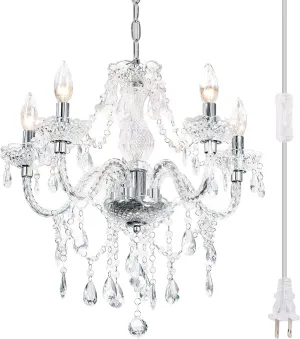Plug-in 5 Light Crystal Hanging Pendant Lights Acrylic Chandelier with Clear Cord & On/Off Switch H19 D19.7 for Kitchen Island Girls' Room Dining Area Laundry Pavilion.