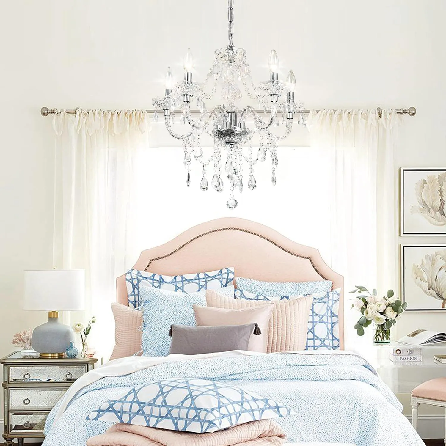 Plug-in 5 Light Crystal Hanging Pendant Lights Acrylic Chandelier with Clear Cord & On/Off Switch H19 D19.7 for Kitchen Island Girls' Room Dining Area Laundry Pavilion.