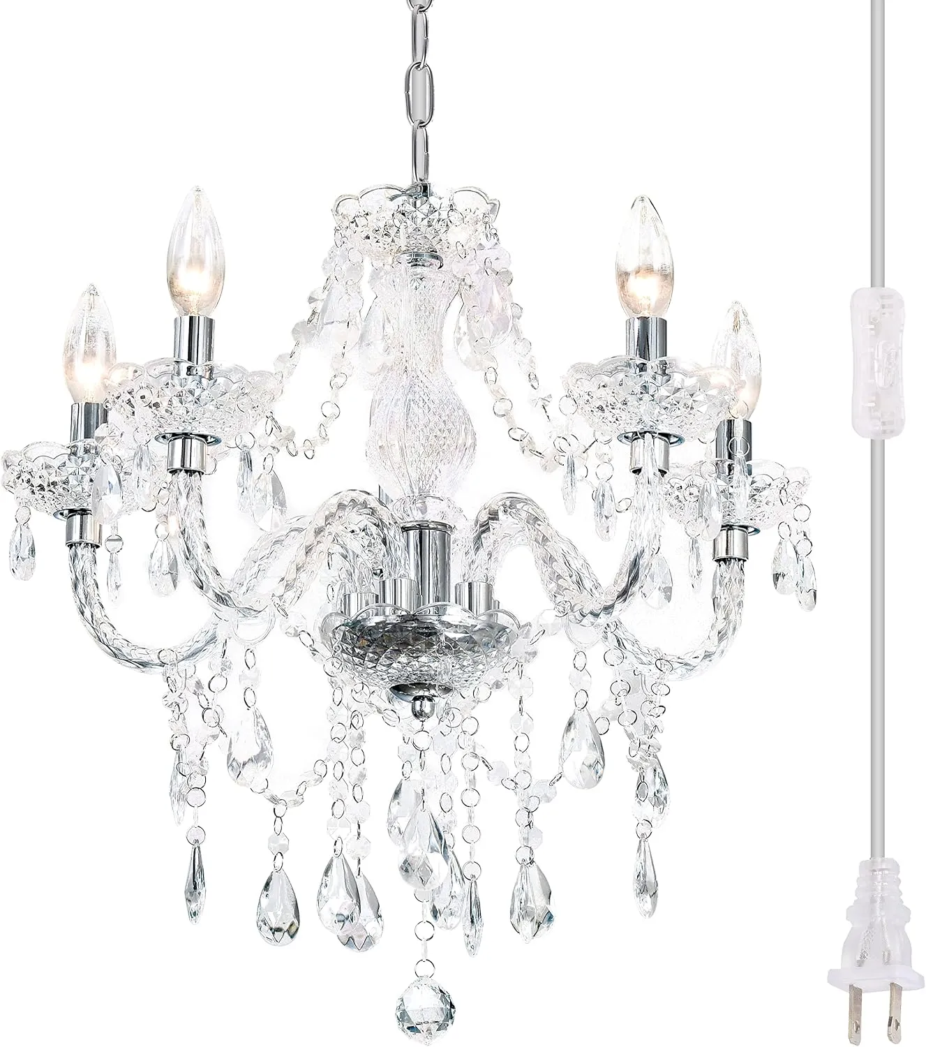 Plug-in 5 Light Crystal Hanging Pendant Lights Acrylic Chandelier with Clear Cord & On/Off Switch H19 D19.7 for Kitchen Island Girls' Room Dining Area Laundry Pavilion.