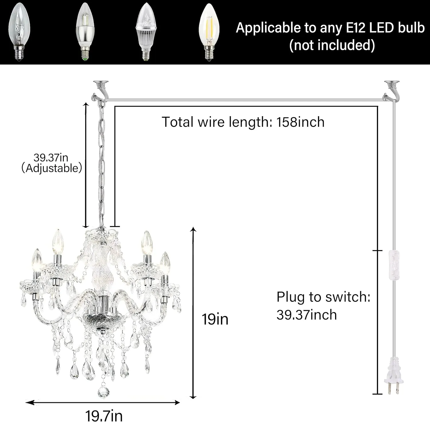 Plug-in 5 Light Crystal Hanging Pendant Lights Acrylic Chandelier with Clear Cord & On/Off Switch H19 D19.7 for Kitchen Island Girls' Room Dining Area Laundry Pavilion.