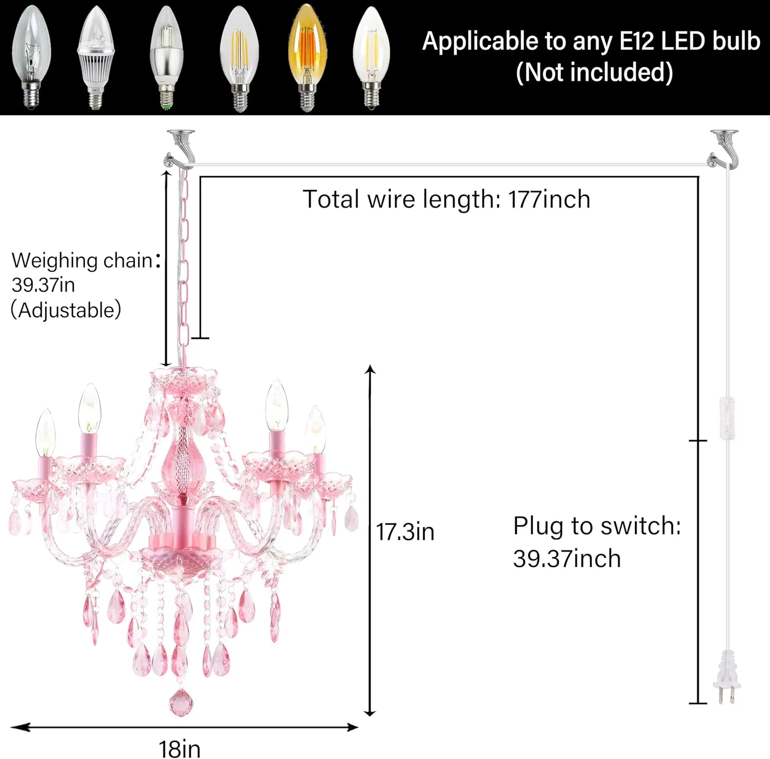 Plug-in 5 Lights Pink Crystal Hanging Pendant Light Acrylic Chandelier with Clear Cord & On/Off Switch H19 D19.7 for Kitchen Island Girls' Room Dining Area Laundry Pavilion.