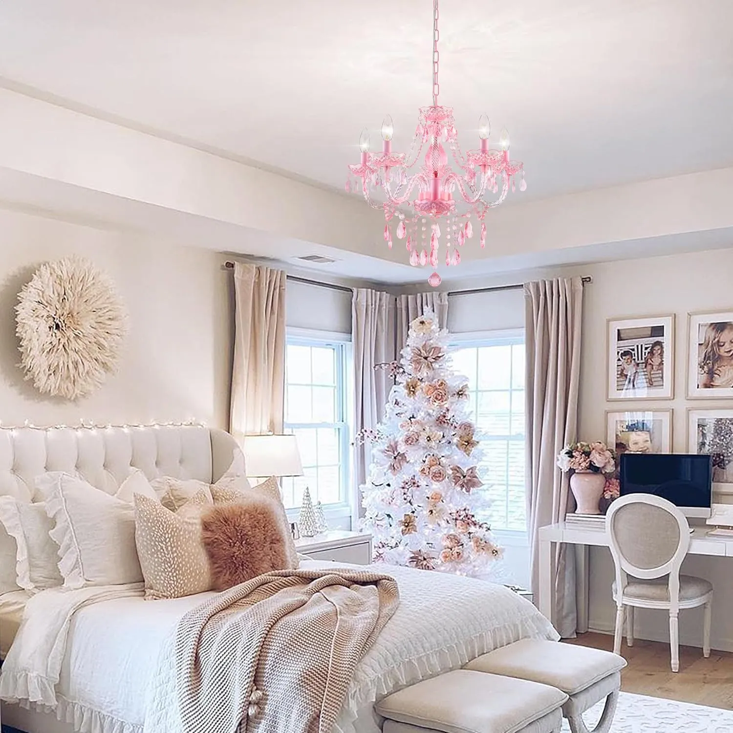 Plug-in 5 Lights Pink Crystal Hanging Pendant Light Acrylic Chandelier with Clear Cord & On/Off Switch H19 D19.7 for Kitchen Island Girls' Room Dining Area Laundry Pavilion.