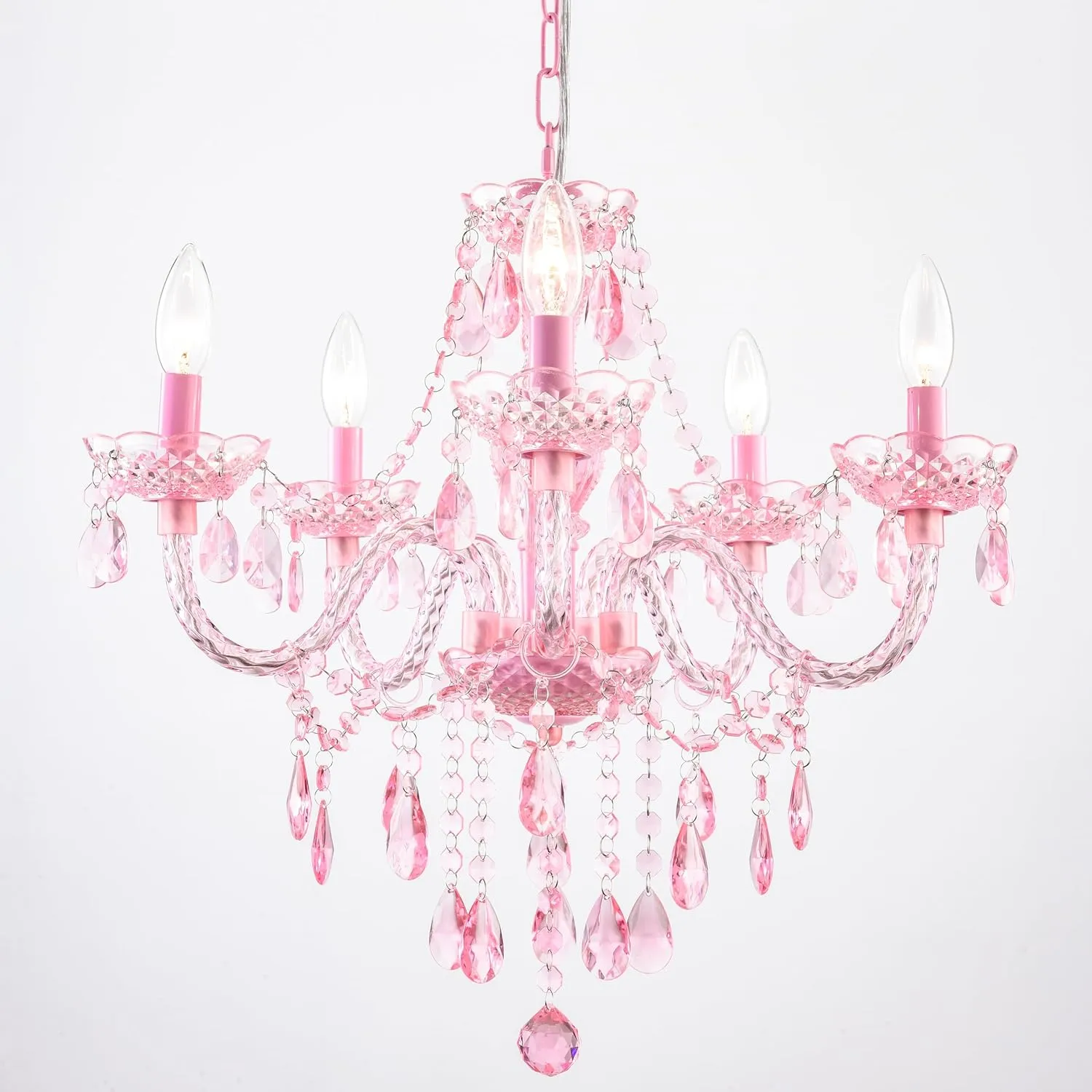 Plug-in 5 Lights Pink Crystal Hanging Pendant Light Acrylic Chandelier with Clear Cord & On/Off Switch H19 D19.7 for Kitchen Island Girls' Room Dining Area Laundry Pavilion.