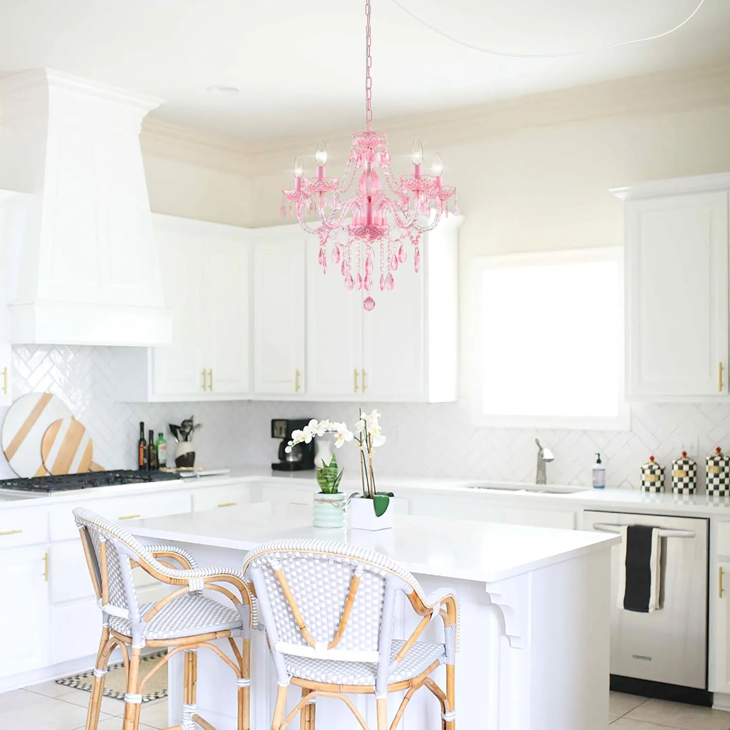 Plug-in 5 Lights Pink Crystal Hanging Pendant Light Acrylic Chandelier with Clear Cord & On/Off Switch H19 D19.7 for Kitchen Island Girls' Room Dining Area Laundry Pavilion.