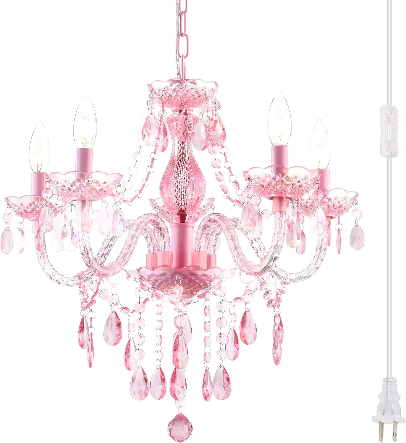 Plug-in 5 Lights Pink Crystal Hanging Pendant Light Acrylic Chandelier with Clear Cord & On/Off Switch H19 D19.7 for Kitchen Island Girls' Room Dining Area Laundry Pavilion.