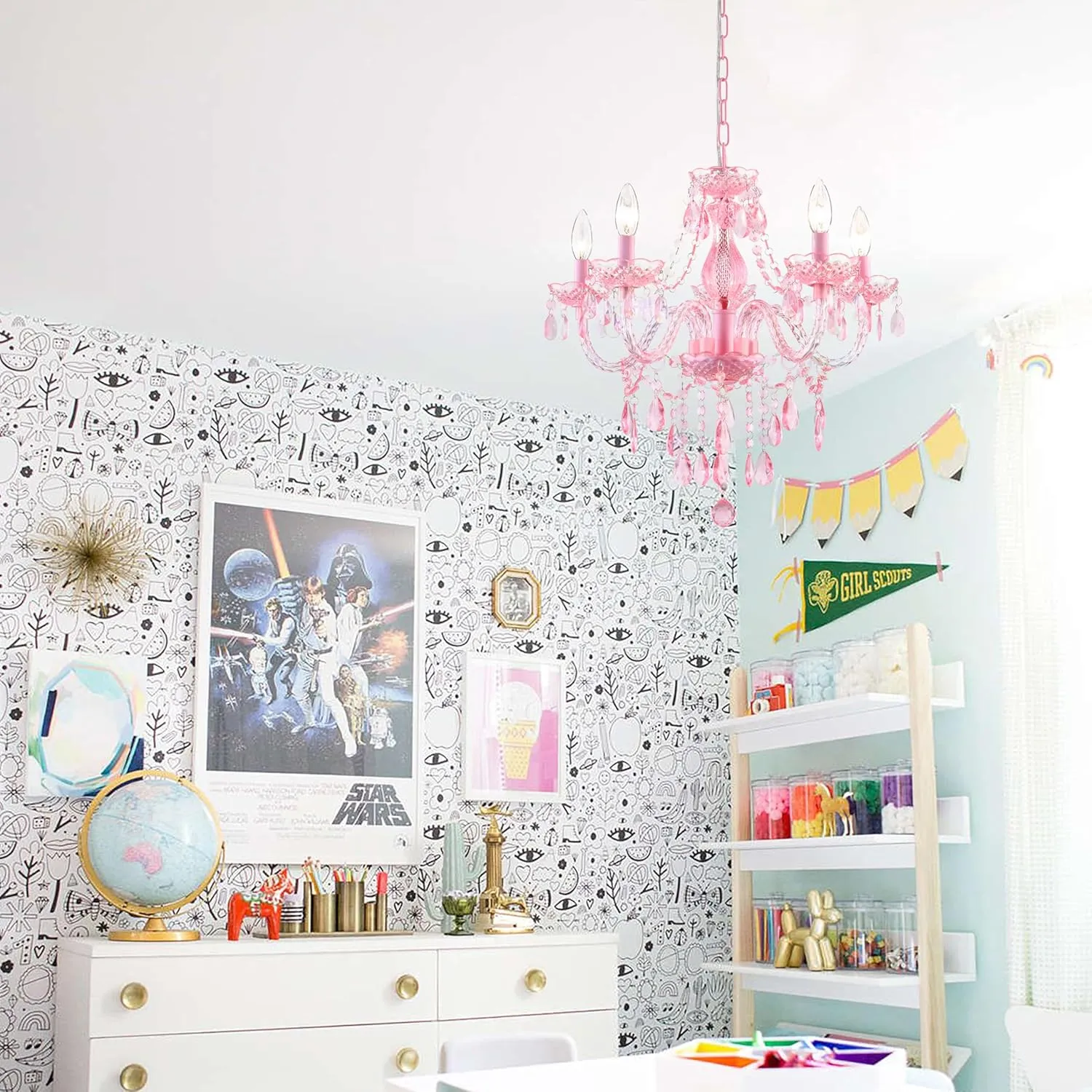 Plug-in 5 Lights Pink Crystal Hanging Pendant Light Acrylic Chandelier with Clear Cord & On/Off Switch H19 D19.7 for Kitchen Island Girls' Room Dining Area Laundry Pavilion.