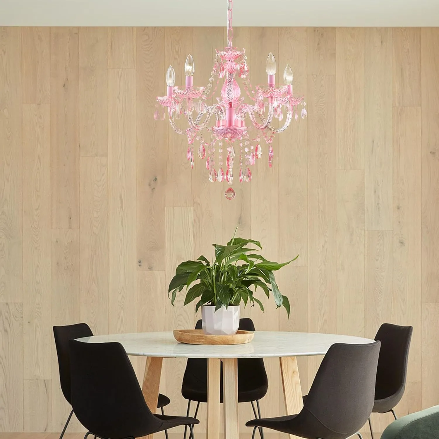 Plug-in 5 Lights Pink Crystal Hanging Pendant Light Acrylic Chandelier with Clear Cord & On/Off Switch H19 D19.7 for Kitchen Island Girls' Room Dining Area Laundry Pavilion.
