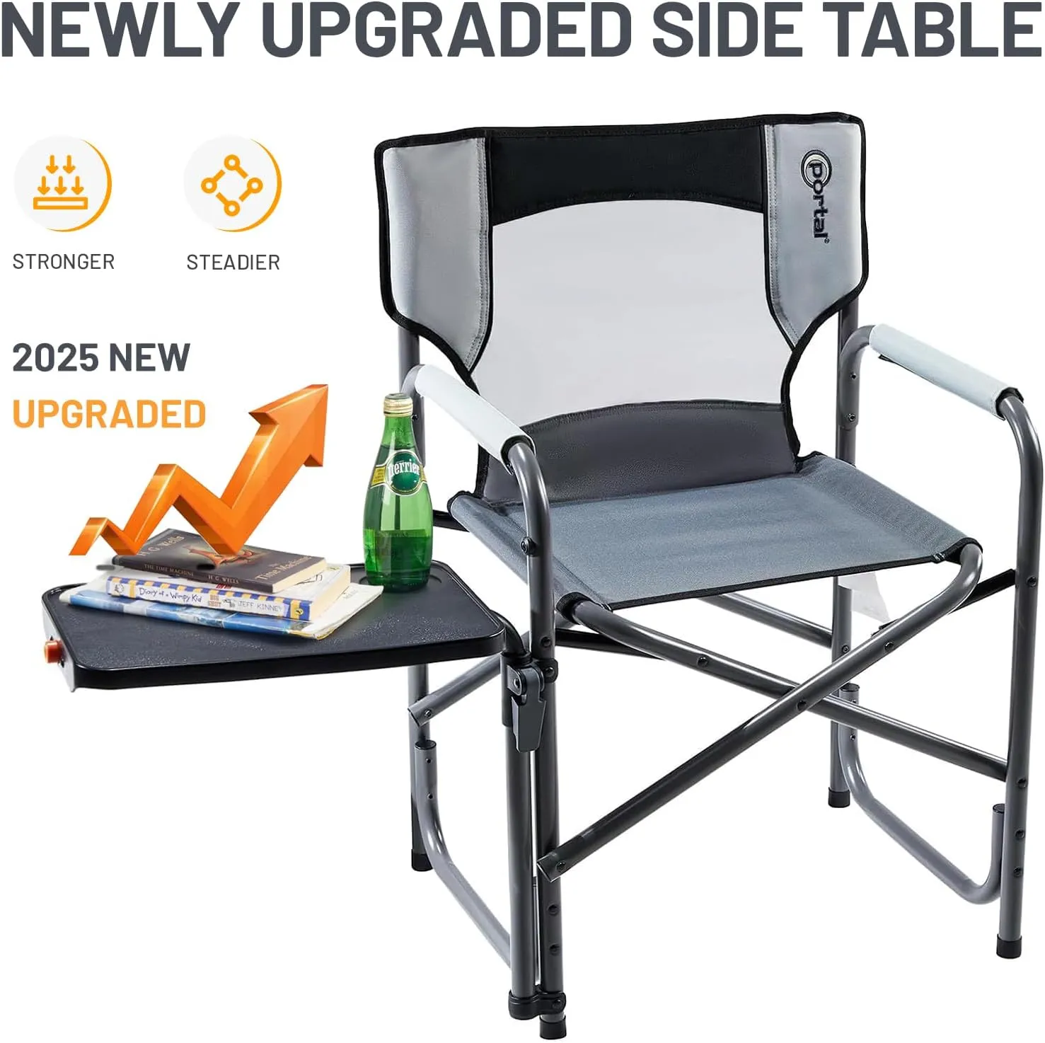 PORTAL Tablet Table Camping Directors Chair, Foldable Camp Chair with 2-Way Rotatable Side Table, Outdoor Folding Chairs for Adults, Heavy Duty Supports 300LBS for Lawn Patio Beach, Grey-2 Pack