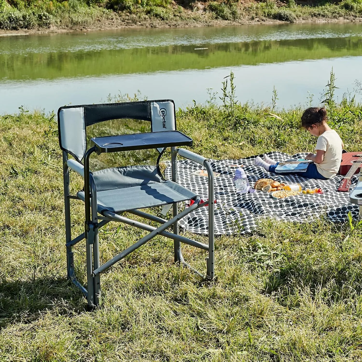 PORTAL Tablet Table Camping Directors Chair, Foldable Camp Chair with 2-Way Rotatable Side Table, Outdoor Folding Chairs for Adults, Heavy Duty Supports 300LBS for Lawn Patio Beach, Grey-2 Pack
