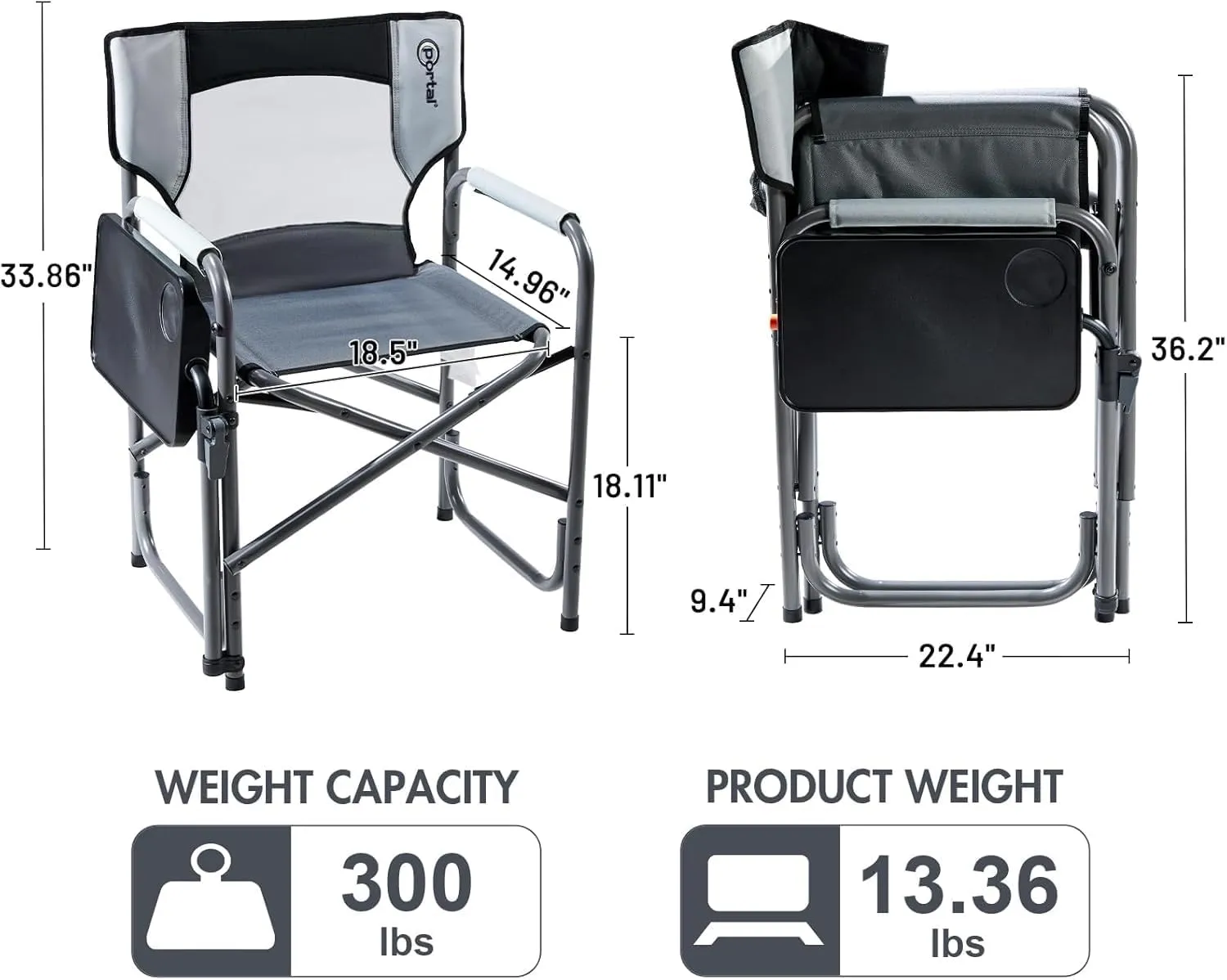 PORTAL Tablet Table Camping Directors Chair, Foldable Camp Chair with 2-Way Rotatable Side Table, Outdoor Folding Chairs for Adults, Heavy Duty Supports 300LBS for Lawn Patio Beach, Grey-2 Pack
