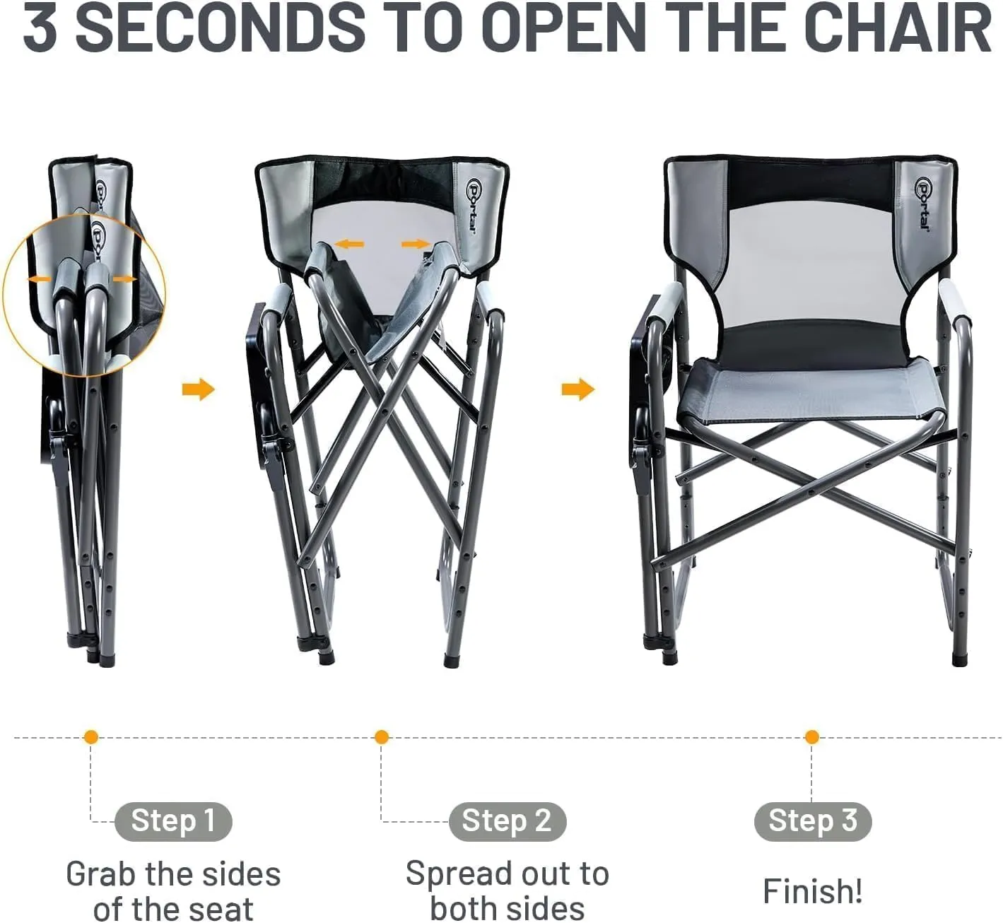 PORTAL Tablet Table Camping Directors Chair, Foldable Camp Chair with 2-Way Rotatable Side Table, Outdoor Folding Chairs for Adults, Heavy Duty Supports 300LBS for Lawn Patio Beach, Grey-2 Pack