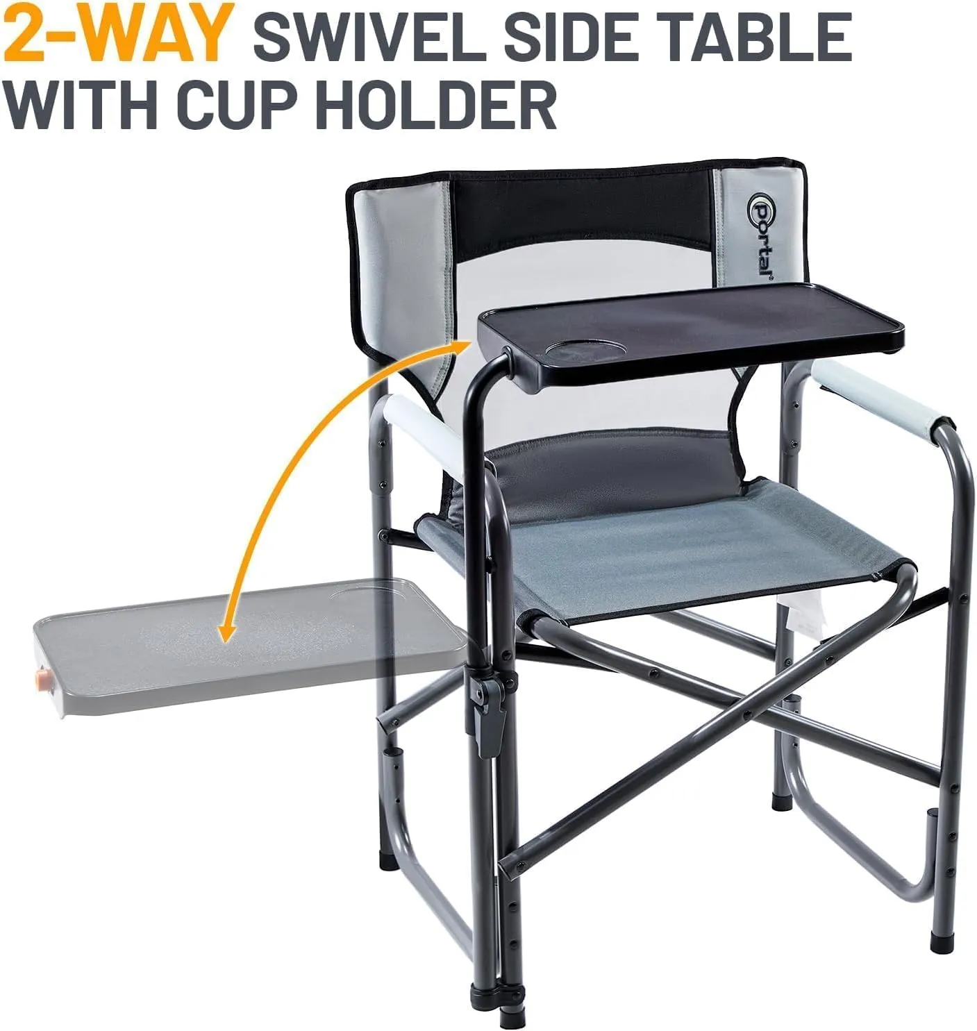 PORTAL Tablet Table Camping Directors Chair, Foldable Camp Chair with 2-Way Rotatable Side Table, Outdoor Folding Chairs for Adults, Heavy Duty Supports 300LBS for Lawn Patio Beach, Grey-2 Pack