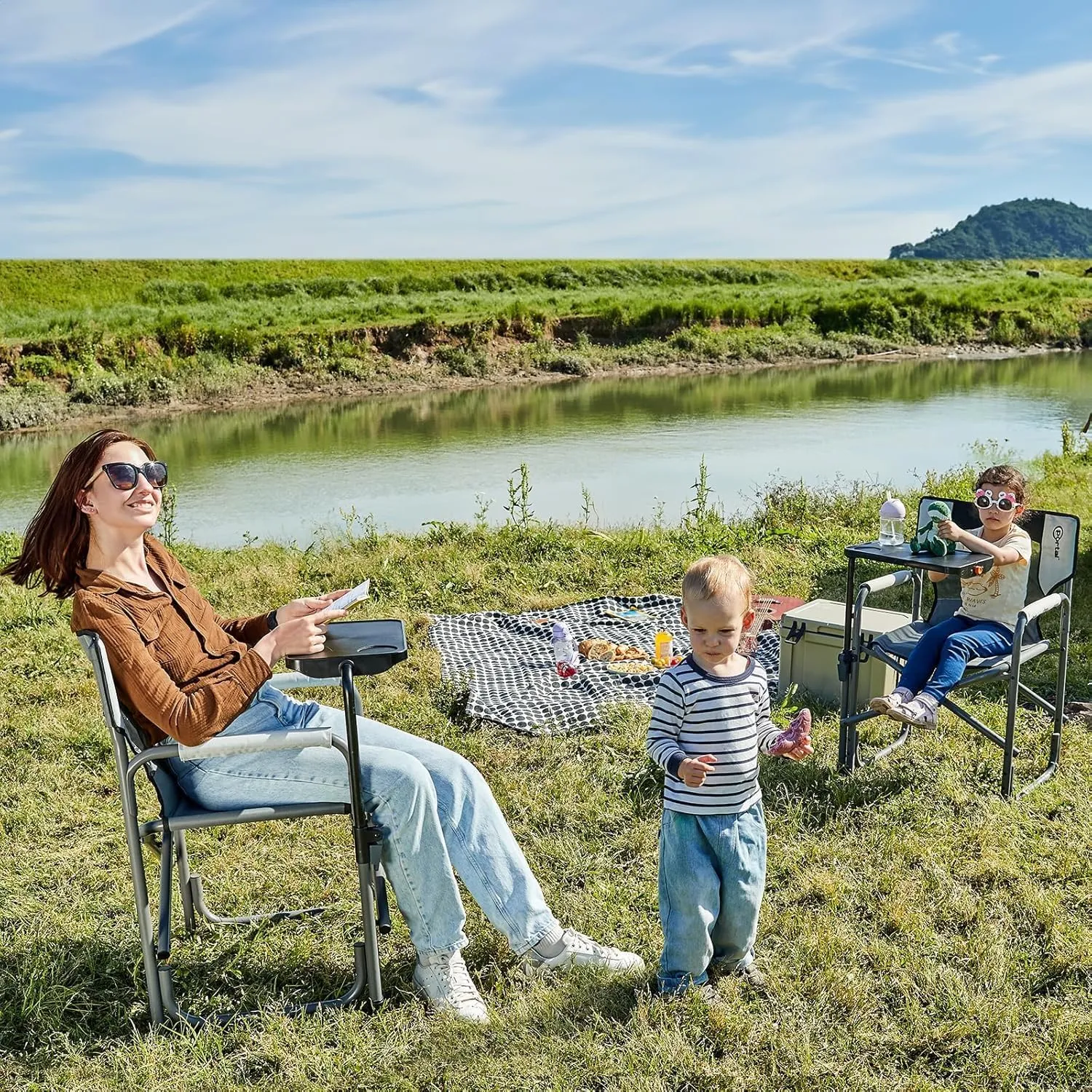 PORTAL Tablet Table Camping Directors Chair, Foldable Camp Chair with 2-Way Rotatable Side Table, Outdoor Folding Chairs for Adults, Heavy Duty Supports 300LBS for Lawn Patio Beach, Grey-2 Pack