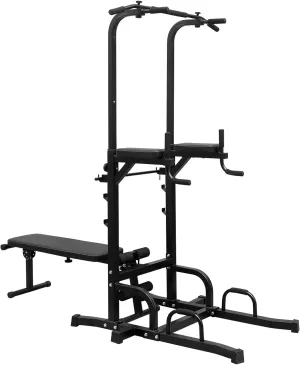 Power Tower Dip Station, Adjustable Height Pull Up Bar Station with Foldable Weight Bench, Heavy Duty Steel Multi-Function Strength Training Fitness Equipment 440LBS for Home, Office and Gym