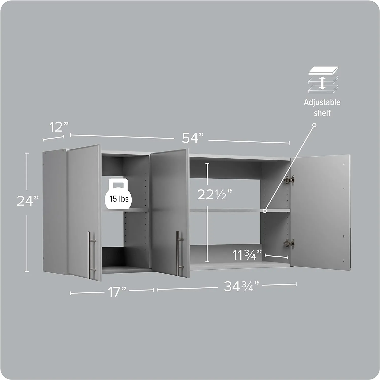 Prepac Elite Wall Mounted Storage Cabinet, 54" W x 24" H x 12" D, Light Gray