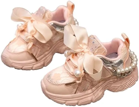 Princess Girls Sneakers Lace Breathable Pearl Chain Bowknot Birthday Decoration Luxurious Anti-Slip