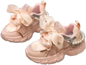 Princess Girls Sneakers Lace Breathable Pearl Chain Bowknot Birthday Decoration Luxurious Anti-Slip