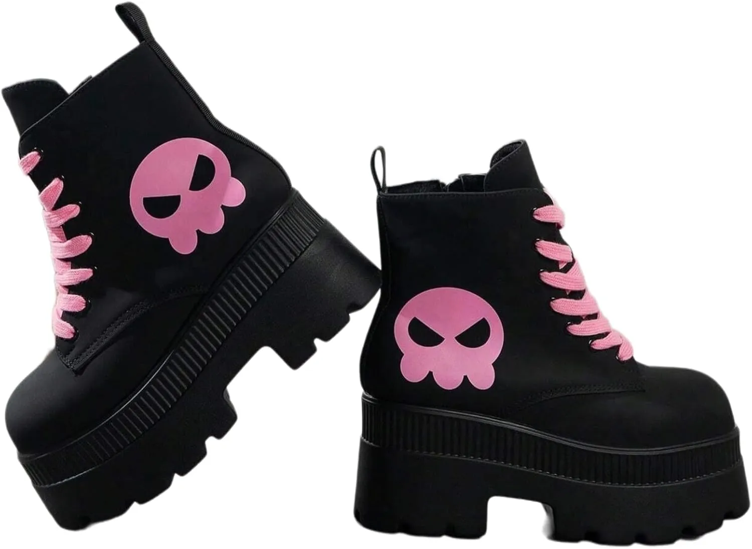 PU Leather Cute Y2K Platform High Top Boots Sneakers   Streetwear Cosplay Party Outfits   Pink Skull Print With 3 Inch Height Boost And Pastel Lace Up Design
