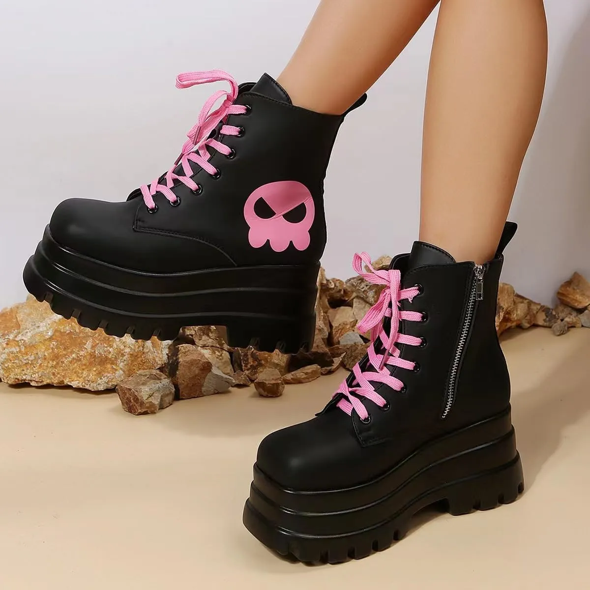 PU Leather Cute Y2K Platform High Top Boots Sneakers   Streetwear Cosplay Party Outfits   Pink Skull Print With 3 Inch Height Boost And Pastel Lace Up Design