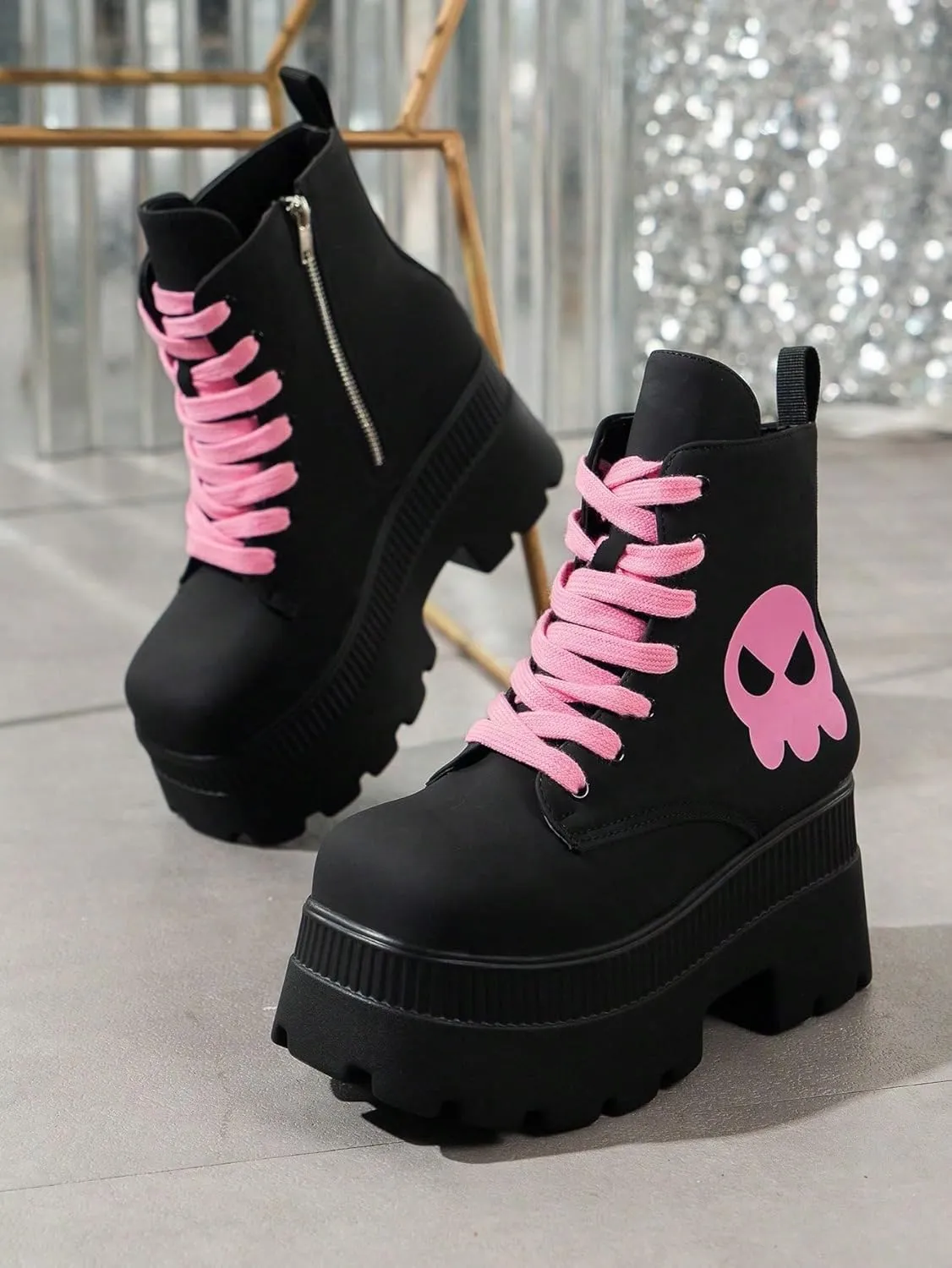 PU Leather Cute Y2K Platform High Top Boots Sneakers   Streetwear Cosplay Party Outfits   Pink Skull Print With 3 Inch Height Boost And Pastel Lace Up Design