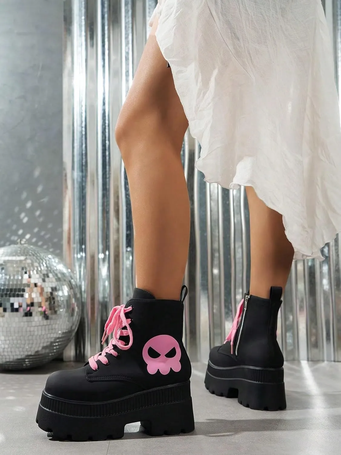 PU Leather Cute Y2K Platform High Top Boots Sneakers   Streetwear Cosplay Party Outfits   Pink Skull Print With 3 Inch Height Boost And Pastel Lace Up Design