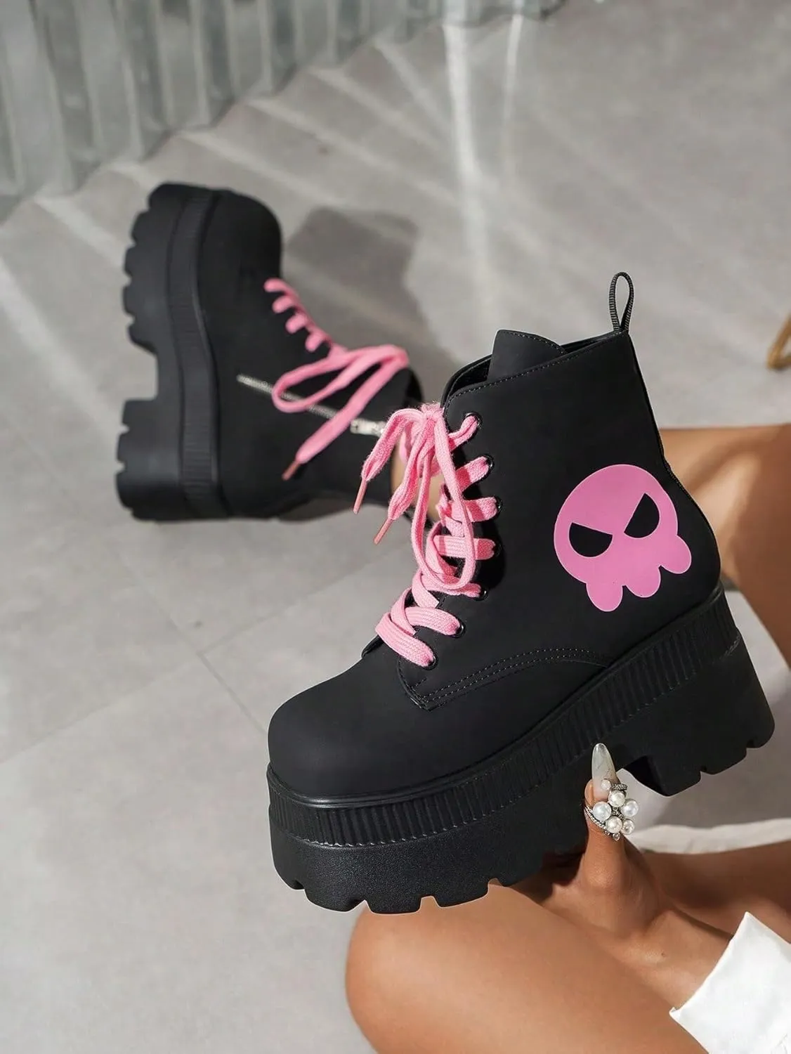 PU Leather Cute Y2K Platform High Top Boots Sneakers   Streetwear Cosplay Party Outfits   Pink Skull Print With 3 Inch Height Boost And Pastel Lace Up Design