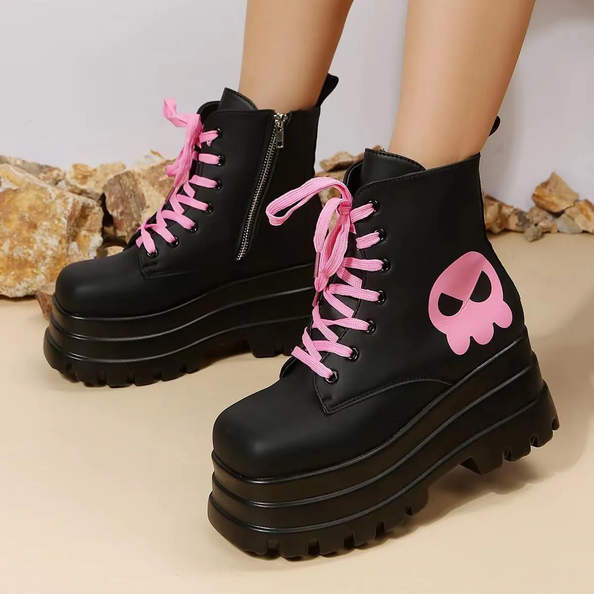 PU Leather Cute Y2K Platform High Top Boots Sneakers   Streetwear Cosplay Party Outfits   Pink Skull Print With 3 Inch Height Boost And Pastel Lace Up Design