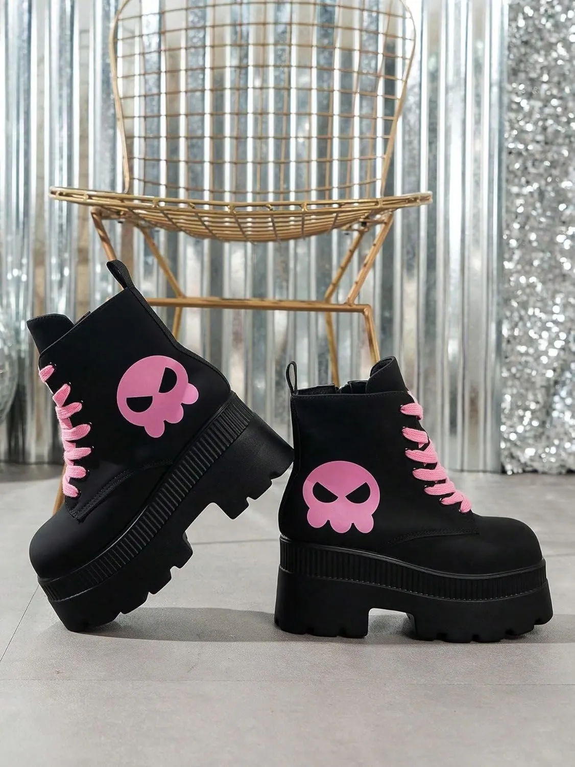 PU Leather Cute Y2K Platform High Top Boots Sneakers   Streetwear Cosplay Party Outfits   Pink Skull Print With 3 Inch Height Boost And Pastel Lace Up Design