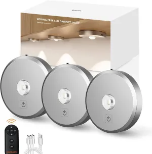 Puck Lights Cordless with Remote Control, 2200mAh Rechargeable Under Counter Lighting,3 Color Temperatures Dimmable Under Cabinet,Closet Light,Tap Light for Hallway (Silver, 3PCS)