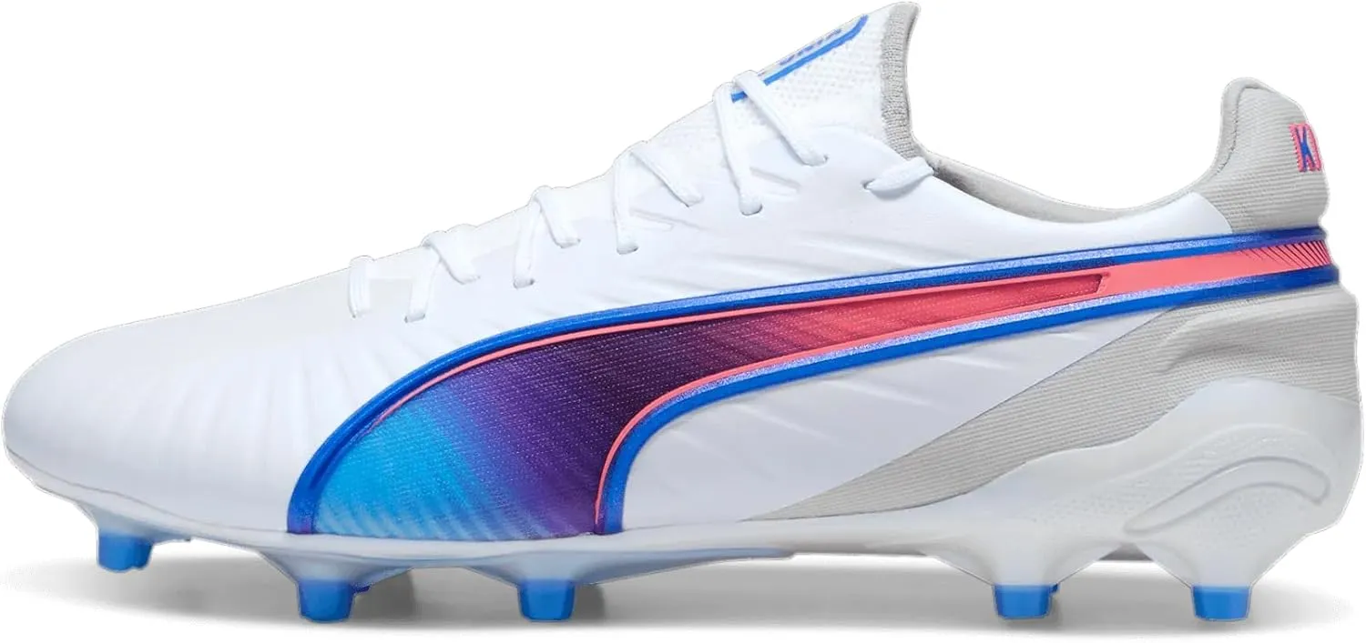 Puma King Ultimate Firm Ground Cleats - Non-Animal-Based Upper Material, GripControl 3D, OrthoLite Memory Foam Padding, Ideal for Firm or Artificial Surfaces (White/Bluemazing/Flat Light Gray, US Footwear Size System, Adult, Men, Numeric, Medium, 8.5)