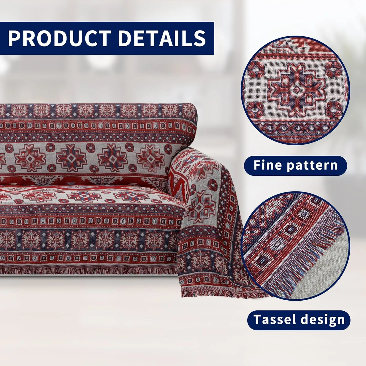 PureFit Geometric Jacquard Throw Sofa Cover - Textured Soft Washable Decorative Couch Covers for 3 Cushion Couch, Throw Cover with Tassels Furniture Protector for Pets, Kids (Large, Bohemia Red)