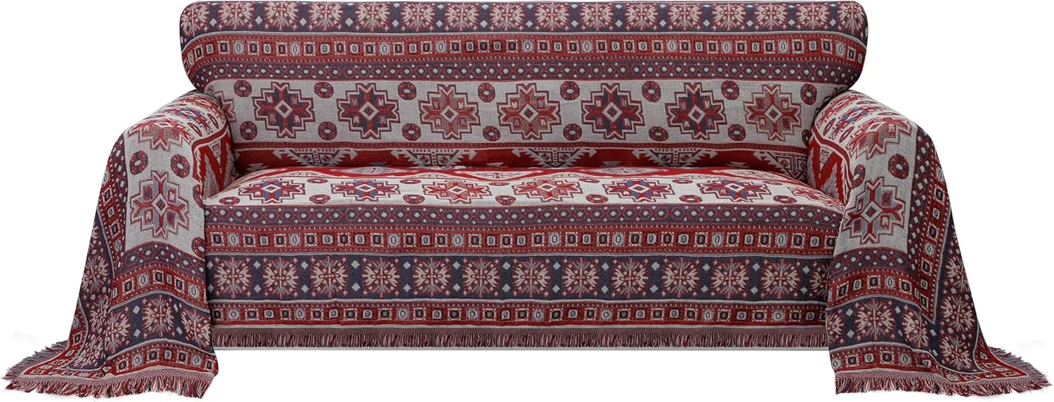 PureFit Geometric Jacquard Throw Sofa Cover - Textured Soft Washable Decorative Couch Covers for 3 Cushion Couch, Throw Cover with Tassels Furniture Protector for Pets, Kids (Large, Bohemia Red)