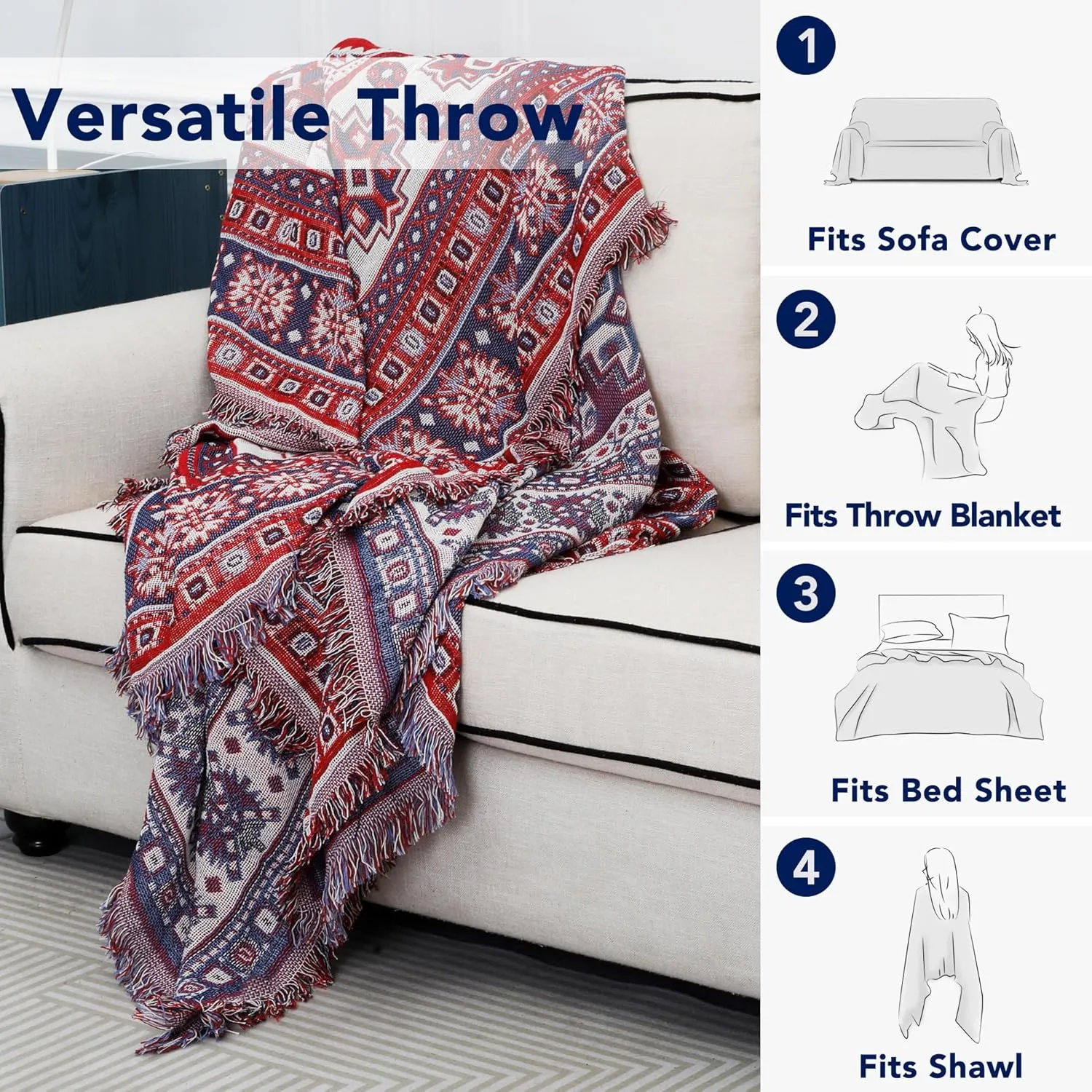 PureFit Geometric Jacquard Throw Sofa Cover - Textured Soft Washable Decorative Couch Covers for 3 Cushion Couch, Throw Cover with Tassels Furniture Protector for Pets, Kids (Large, Bohemia Red)