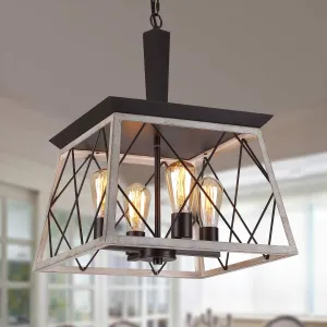 Q&S Farmhouse Vintage Chandelier, Rustic Pendant Light,Industrial Hanging Light Fixture for Dining Room Kitchen Island,Wrought Iron,ORB Oak White 4 Lights E26 UL Listed