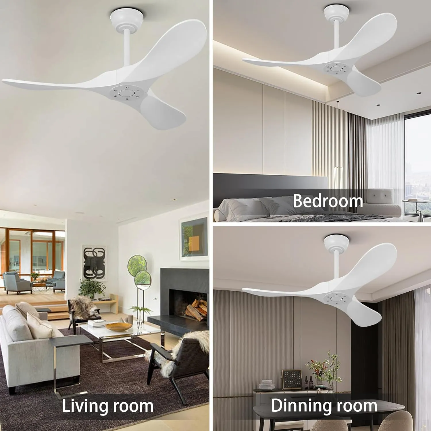 QWO 42" White Outdoor Ceiling Fan No Light, Solid Wood Small Living Room Ceiling Fans Without Lights, Modern Ceiling Fan With Remote For Bedroom