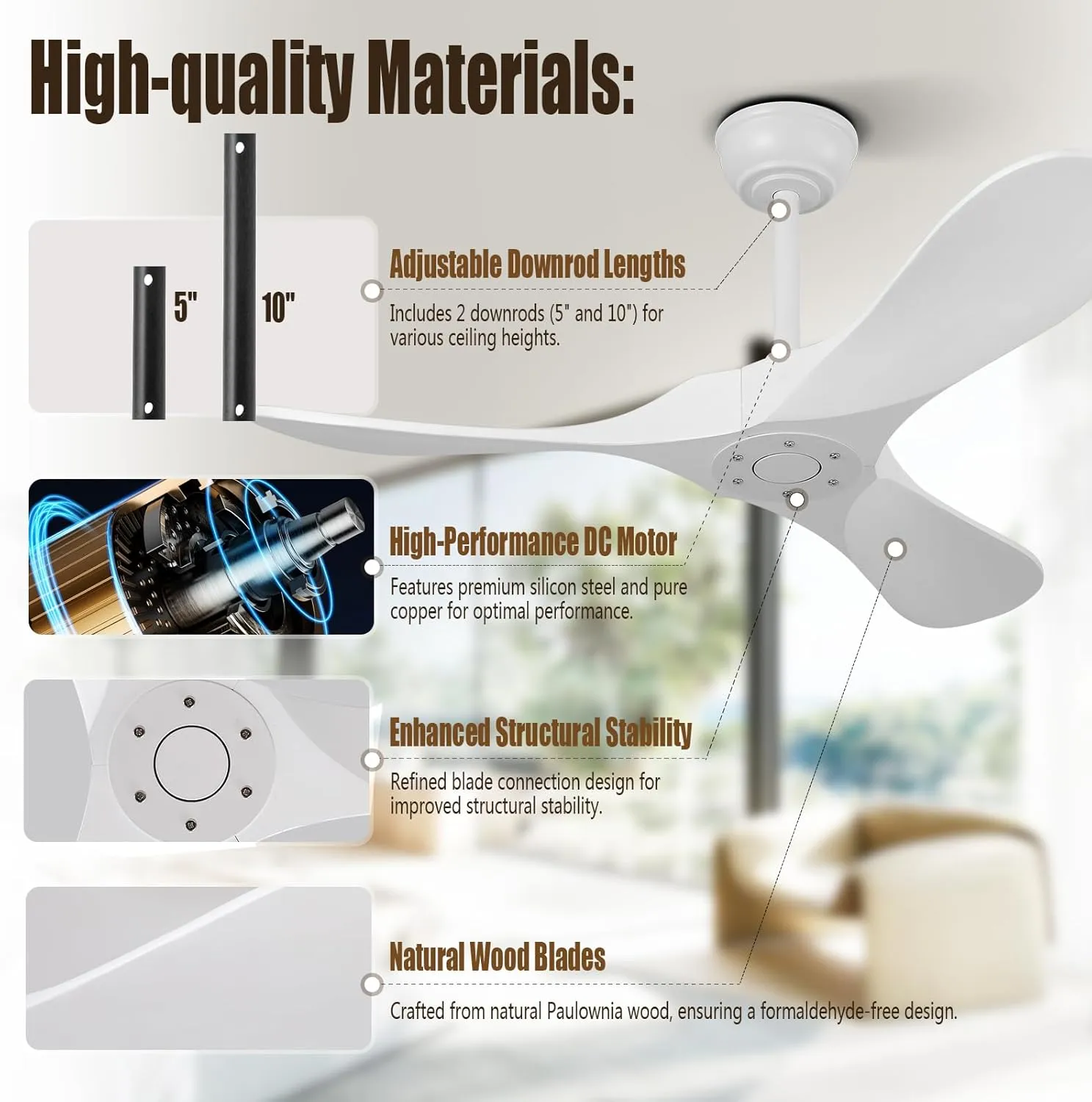 QWO 42" White Outdoor Ceiling Fan No Light, Solid Wood Small Living Room Ceiling Fans Without Lights, Modern Ceiling Fan With Remote For Bedroom