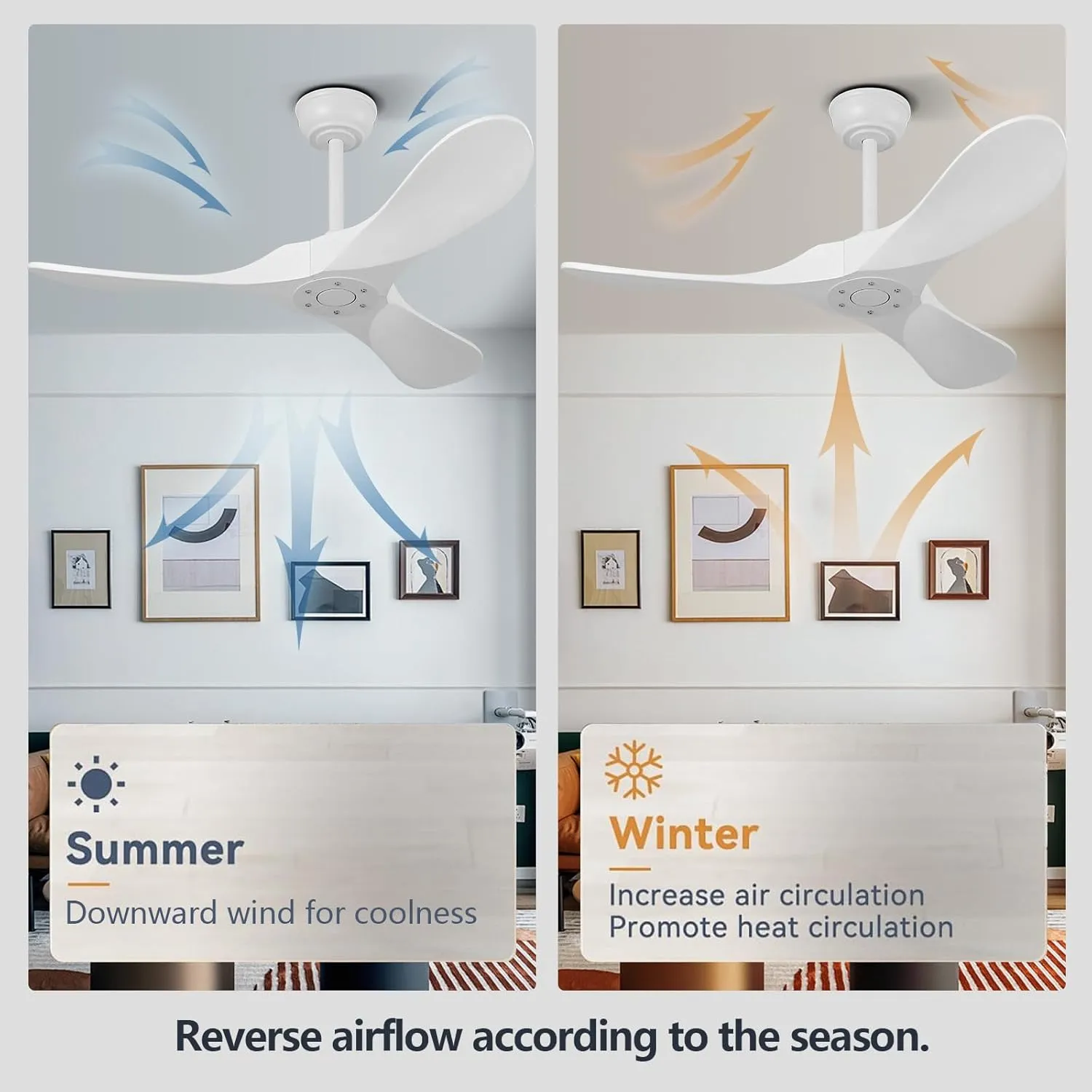 QWO 42" White Outdoor Ceiling Fan No Light, Solid Wood Small Living Room Ceiling Fans Without Lights, Modern Ceiling Fan With Remote For Bedroom