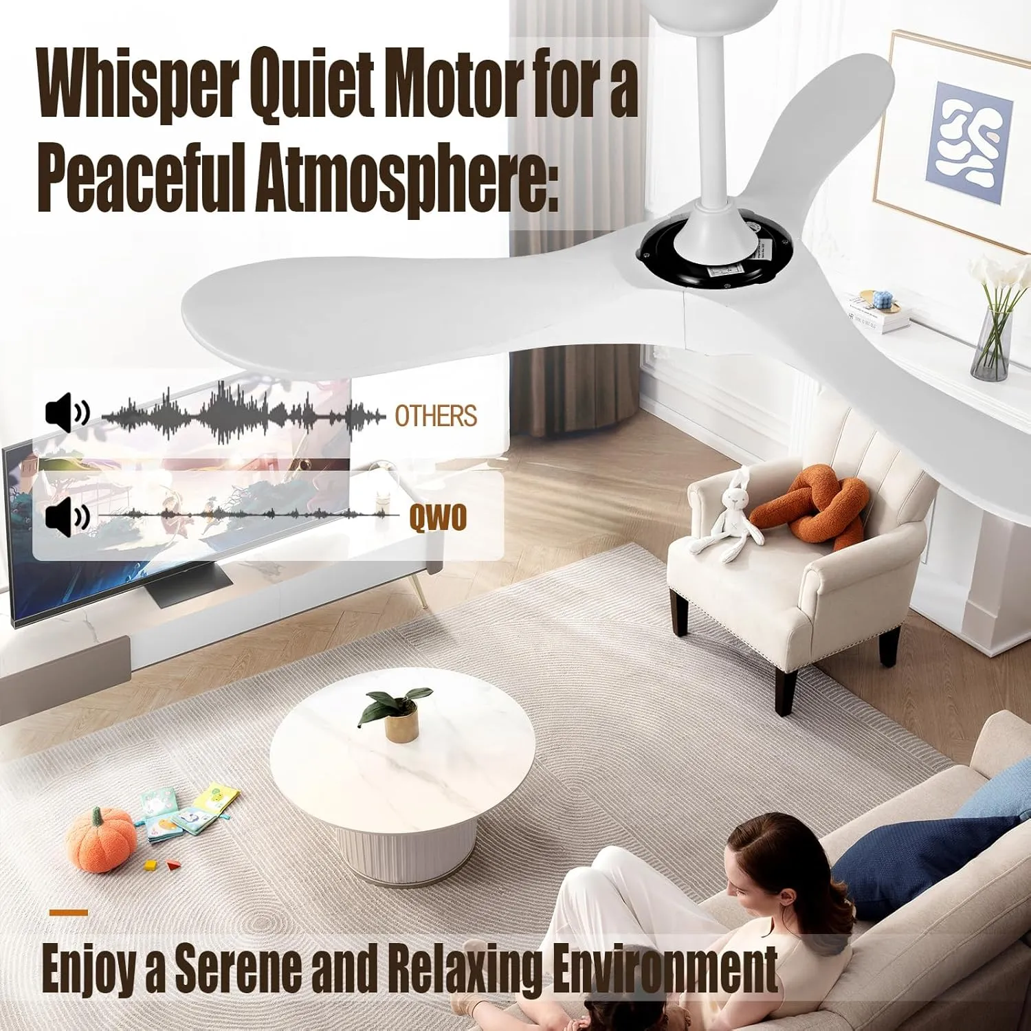 QWO 42" White Outdoor Ceiling Fan No Light, Solid Wood Small Living Room Ceiling Fans Without Lights, Modern Ceiling Fan With Remote For Bedroom