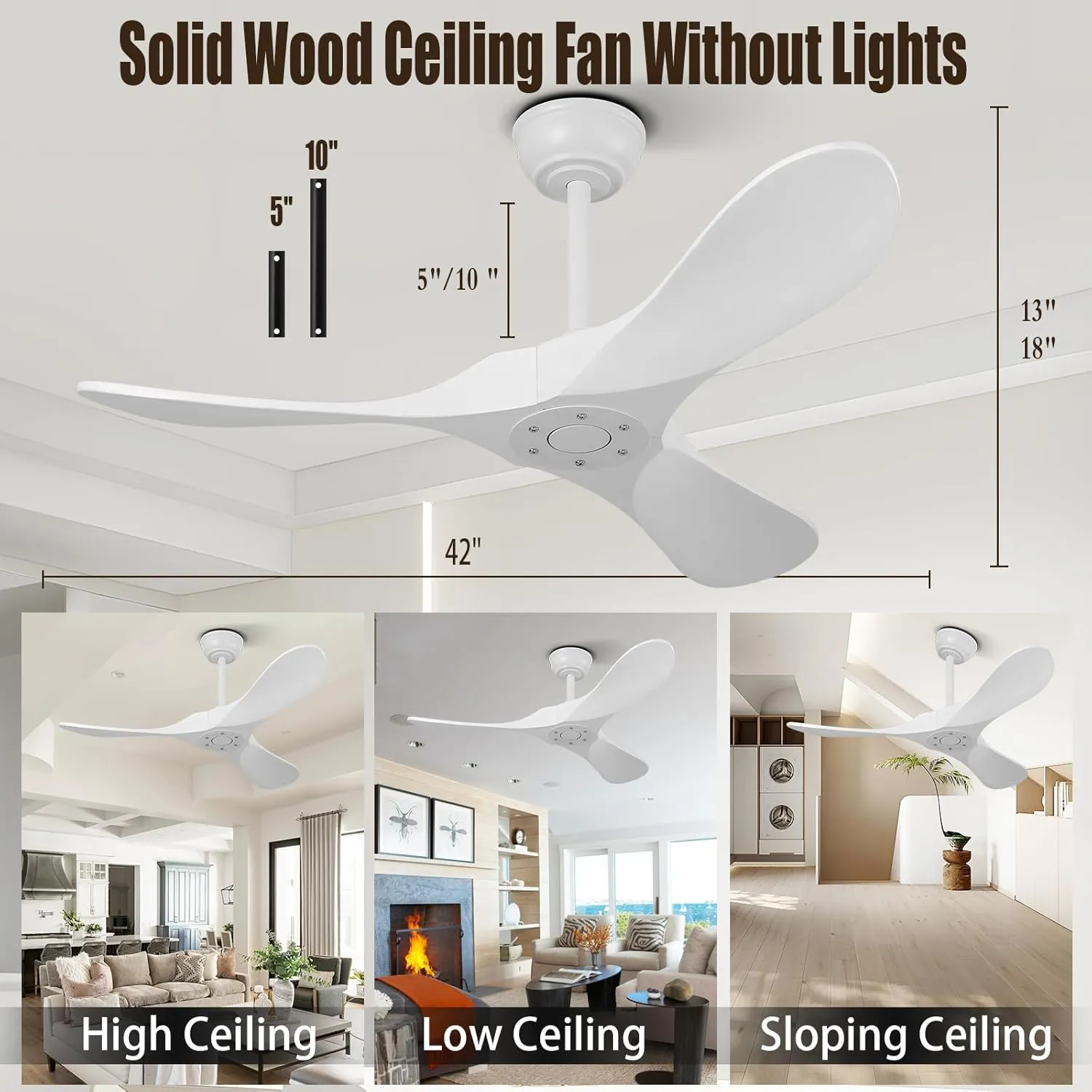 QWO 42" White Outdoor Ceiling Fan No Light, Solid Wood Small Living Room Ceiling Fans Without Lights, Modern Ceiling Fan With Remote For Bedroom