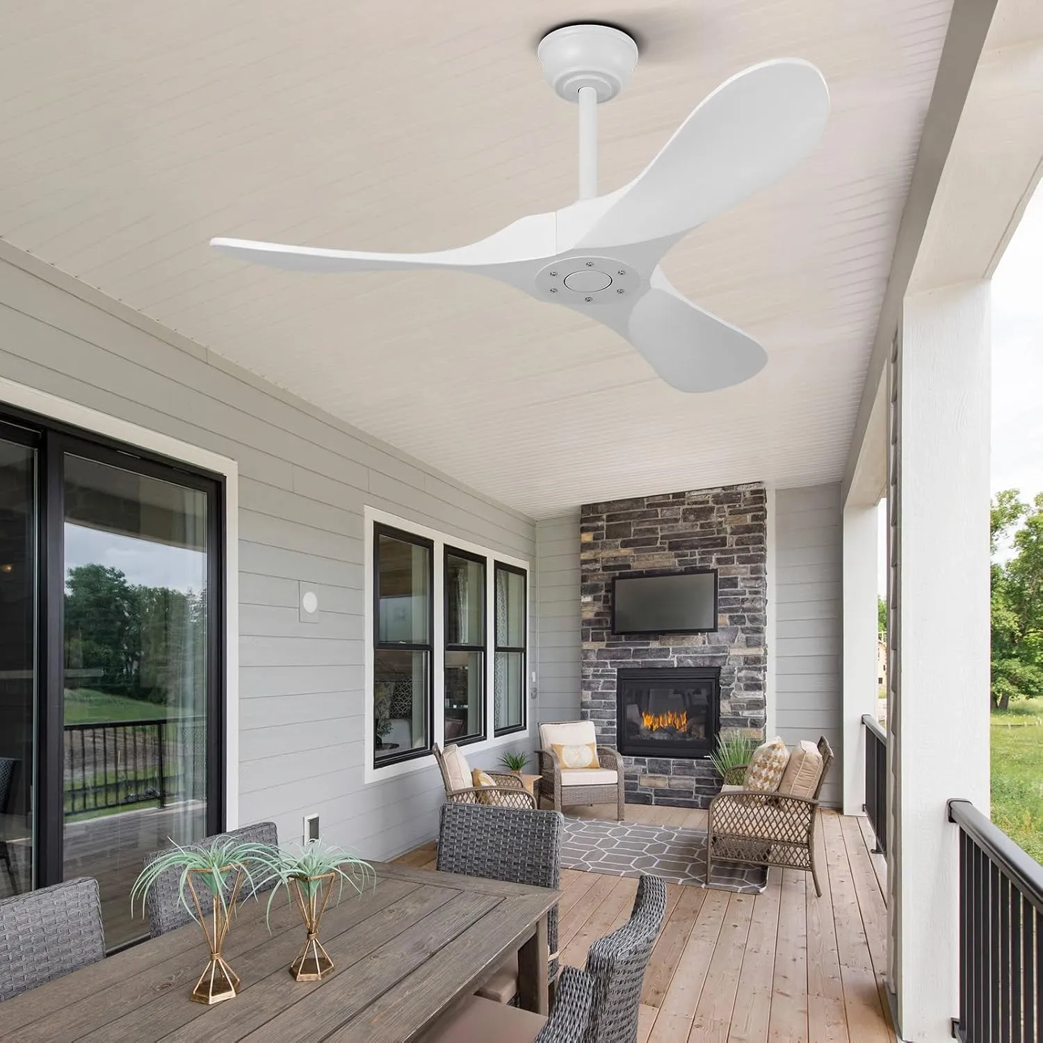 QWO 42" White Outdoor Ceiling Fan No Light, Solid Wood Small Living Room Ceiling Fans Without Lights, Modern Ceiling Fan With Remote For Bedroom