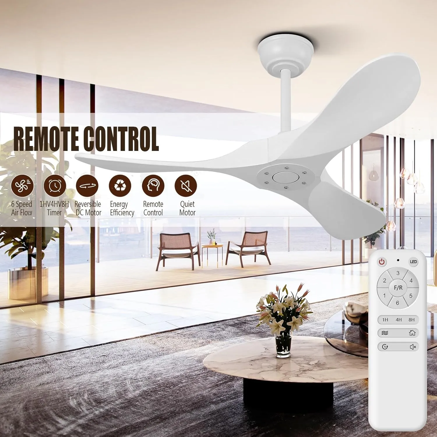 QWO 42" White Outdoor Ceiling Fan No Light, Solid Wood Small Living Room Ceiling Fans Without Lights, Modern Ceiling Fan With Remote For Bedroom