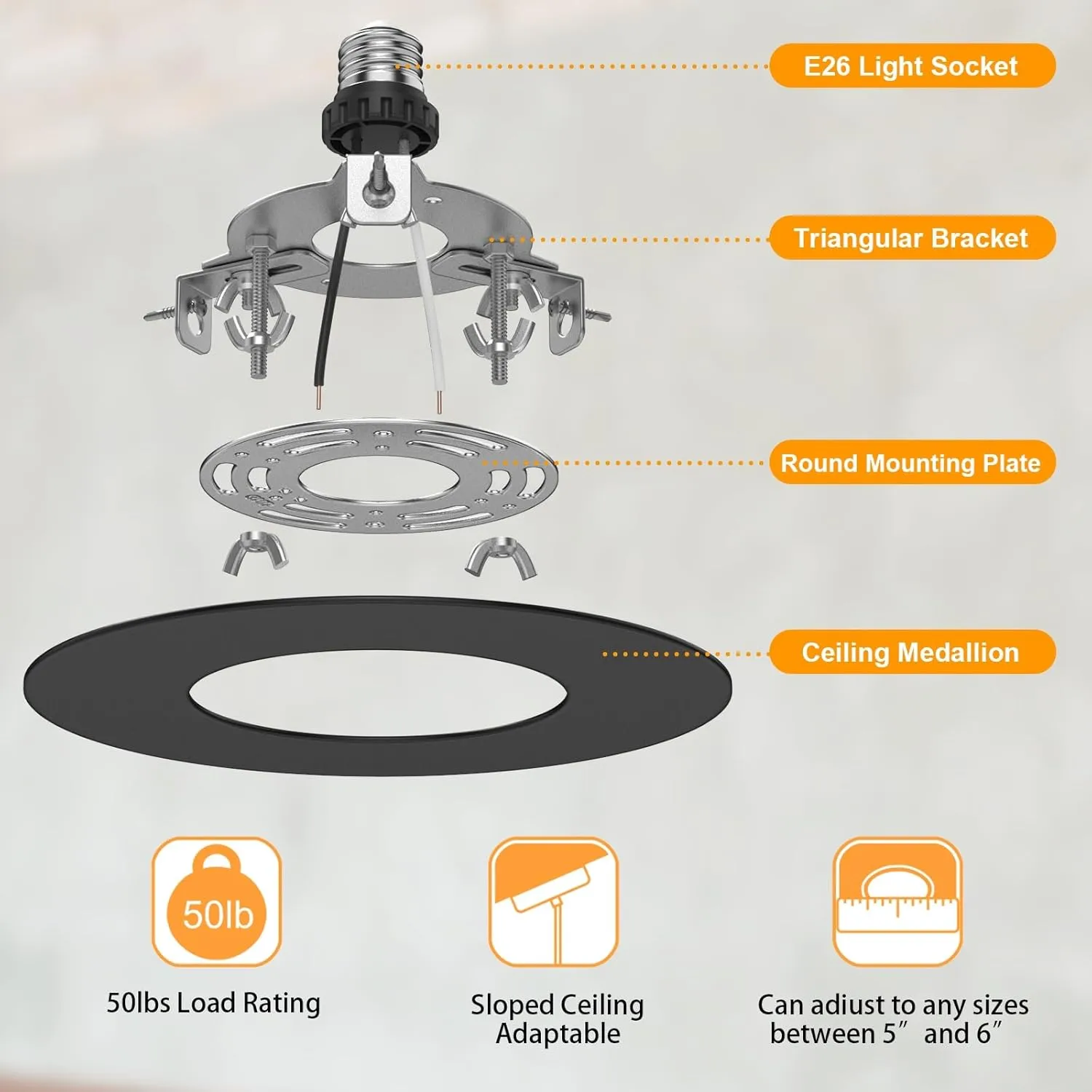 R5 and 6 Recessed Can Light Conversion Kit, Fixture Upgrade, Pendant & Hanging Light, Ceiling Fan Compatible, 7¾ Inch Flat Steel Ceiling Medallion, Black Finish