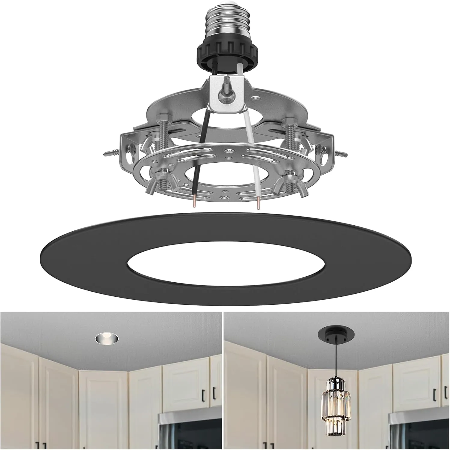 R5 and 6 Recessed Can Light Conversion Kit, Fixture Upgrade, Pendant & Hanging Light, Ceiling Fan Compatible, 7¾ Inch Flat Steel Ceiling Medallion, Black Finish