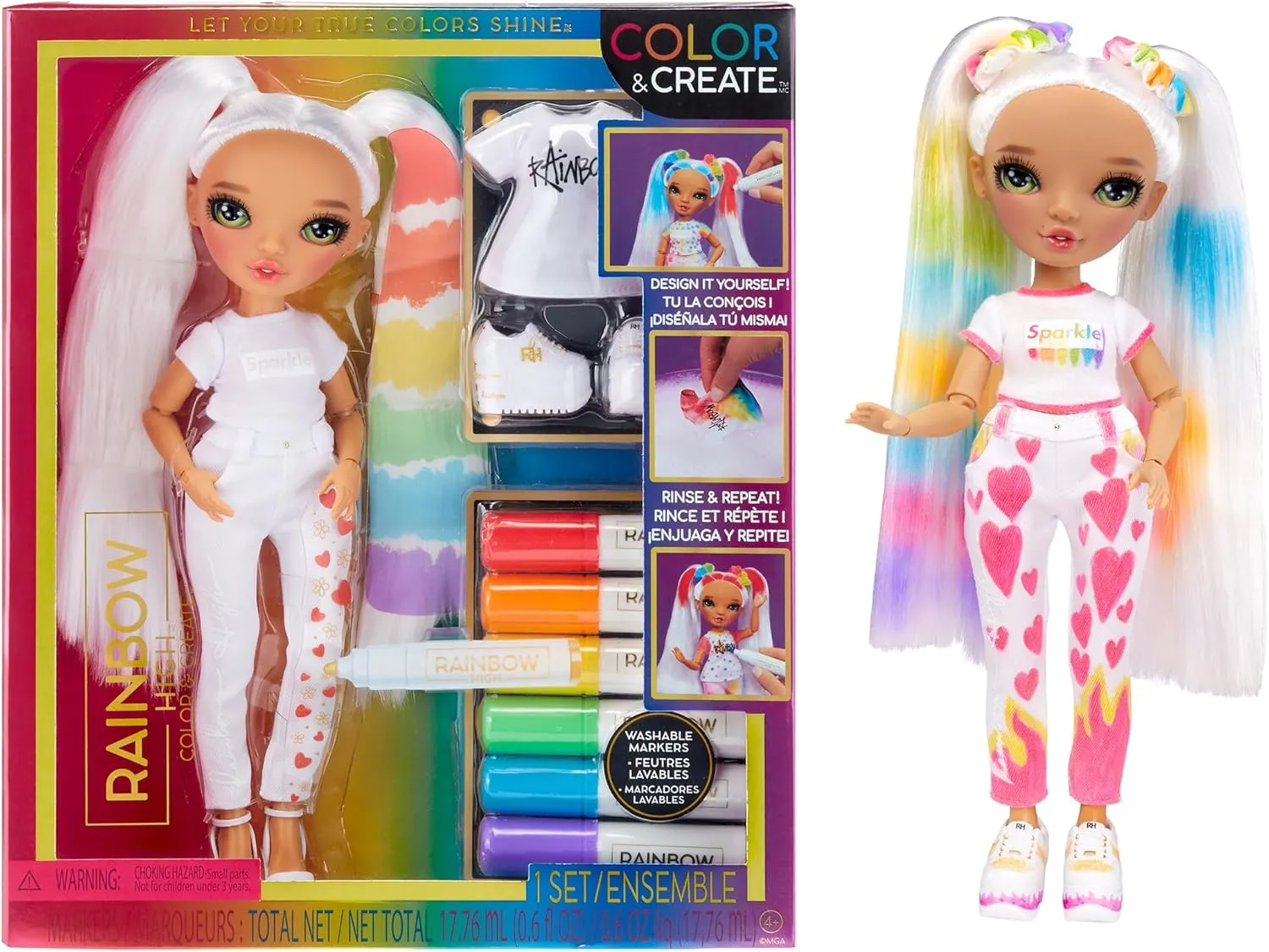 Rainbow High Color & Create Fashion DIY Doll with Washable Rainbow Markers, Green Eyes, Straight Hair in 2 Pig Tails, Bonus Top & Shoes. Color, Create, Play, Rinse and Repeat. Creative 4-12 