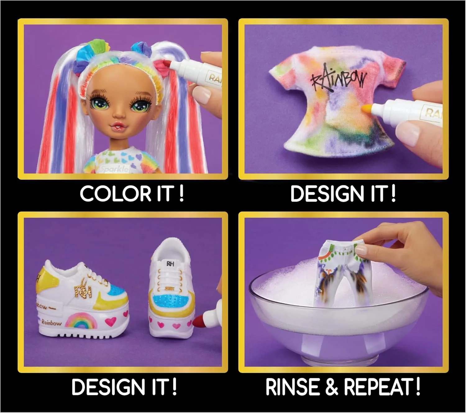 Rainbow High Color & Create Fashion DIY Doll with Washable Rainbow Markers, Green Eyes, Straight Hair in 2 Pig Tails, Bonus Top & Shoes. Color, Create, Play, Rinse and Repeat. Creative 4-12 